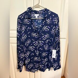 Ann Taylor Navy and Purple Floral Button Down Shirt